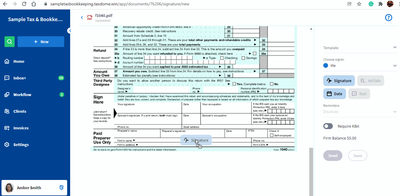 TaxDome sisältää sähköisen allekirjoitusohjelmiston